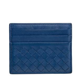 Pre Owned Bottega Veneta Blue Intrecciato Leather Card Holder