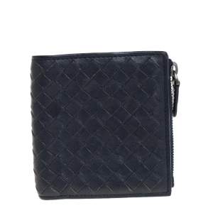 Pre Owned Bottega Veneta Navy Blue Intrecciato Leather Wallet