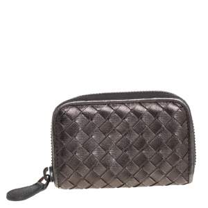 Pre Owned Bottega Veneta Metallic Intrecciato Leather Zip Coin Purse