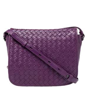 Pre Owned Bottega Veneta Purple Intrecciato Leather Flap Crossbody Bag