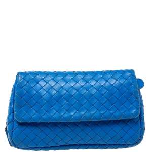 Pre Owned Bottega Veneta Blue Intrecciato Leather Flap Chain Crossbody Bag