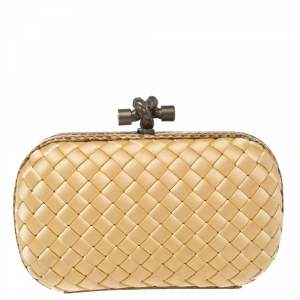 Pre Owned Bottega Veneta Beige Satin and Snakeskin Trim Knot Clutch