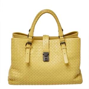 Pre Owned Bottega Veneta Yellow Intrecciato Leather Medium Roma Tote