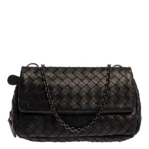 Pre Owned Bottega Veneta Black Intrecciato Leather Mini Flap Chain Crossbody Bag