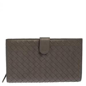 Pre Owned Bottega Veneta Grey Intrecciato Leather Long Wallet
