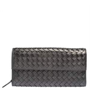 Pre Owned Bottega Veneta Metallic Grey Intrecciato Leather Flap Continental Wallet