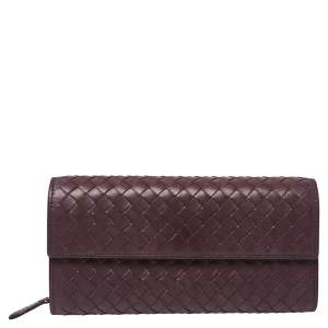 Pre Owned Bottega Veneta Plum Intrecciato Leather Continental Wallet