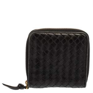 Pre Owned Bottega Veneta Black Intrecciato Leather Zip Around Wallet