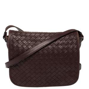 Pre Owned Bottega Veneta Burgundy Intrecciato Leather Flap Crossbody Bag