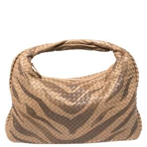 Pre Owned Bottega Veneta Beige Zebra Print Leather and Snakeskin Trim Veneta Hobo 