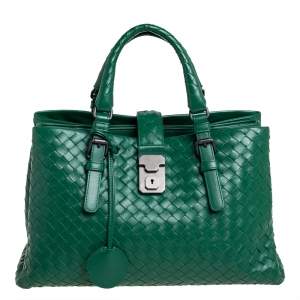 Pre Owned Bottega Veneta Green Intrecciato Leather Small Roma Tote