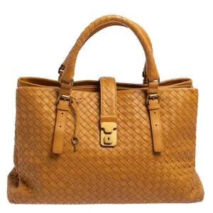 Pre Owned Bottega Veneta Mustard Intrecciato Leather Large Roma Tote