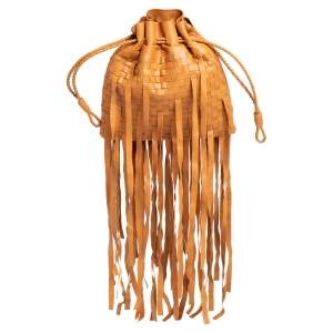 مملوكة مسبقًا Bottega Veneta Brown Leather Fringe Drawstring Bucket Bag