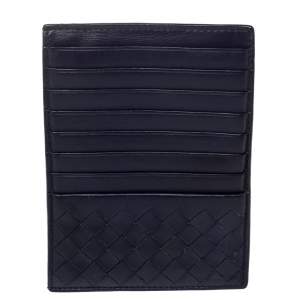 Pre Owned Bottega Veneta Blue Intrecciato Leather Card Case