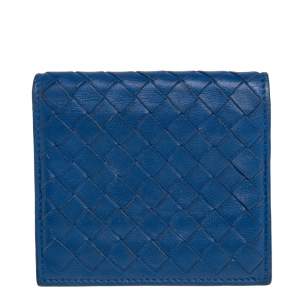 Pre Owned Bottega Veneta Blue Intrecciato Leather Bifold Card Holder