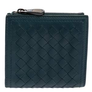 Pre Owned Bottega Veneta Teal Green Intrecciato Leather Compact Wallet