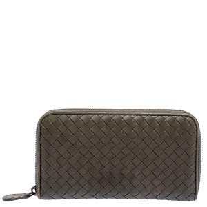 Pre Owned Bottega Veneta Olive Green Intrecciato Leather Zip Around Wallet