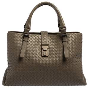 Pre Owned Bottega Veneta Olive Green Intrecciato Leather Medium Roma Tote