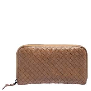 Pre Owned Bottega Veneta Tan Intrecciato Leather Zip Around Wallet