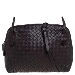 Pre Owned Bottega Veneta Dark Brown Intrecciato Leather Nodini Crossbody Bag