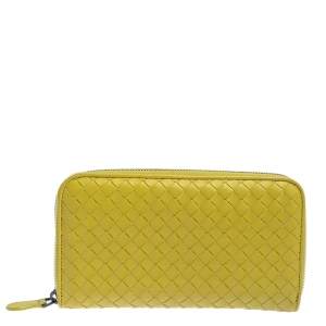 Pre Owned Bottega Veneta Yellow Intrecciato Leather Zip Around Wallet