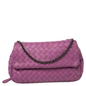 Pre Owned Bottega Veneta Magenta Intrecciato Leather Flap Chain Shoulder Bag