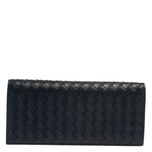 Pre Owned Bottega Veneta Blue Intrecciato Leather Continental Wallet