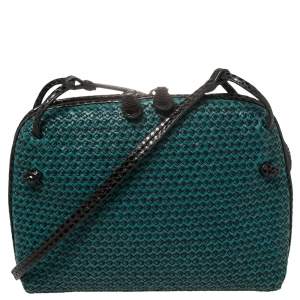 Pre Owned Bottega Veneta Green/Black Intrecciato Leather and Snakeskin Nodini Shoulder Bag