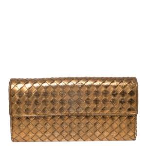 Pre Owned Bottega Veneta Metallic Gold Intrecciato Leather Flap Continental Wallet