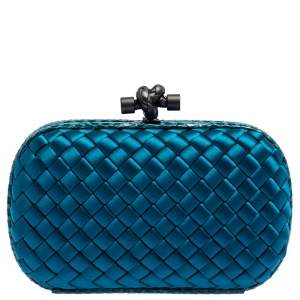 Pre Owned Bottega Veneta Blue Satin and Snakeskin Trim Knot Clutch