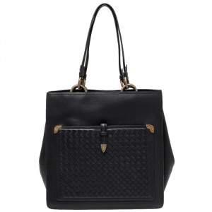 Pre Owned Bottega Veneta Black Leather Shopper Tote