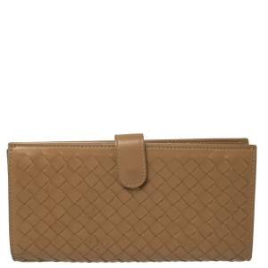 Pre Owned Bottega Veneta Beige Intrecciato Leather Flap Continental Wallet