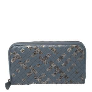 Pre Owned Bottega Veneta Blue Intrecciato Leather and Snakeskin Zip Around Wallet