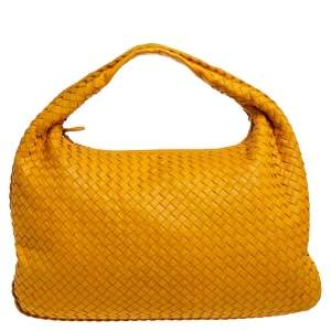Pre Owned Bottega Veneta Mustard Intrecciato Leather Large Veneta Hobo