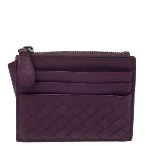 Pre Owned Bottega Veneta  Purple Intrecciato Leather Zip Card Holder 