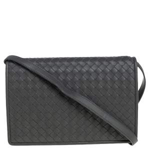 Pre Owned Bottega Veneta Grey Intrecciato Leather Full Flap Crossbody Bag