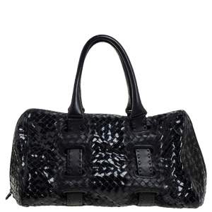 Pre Owned Bottega Veneta Black Patent Intrecciato Leather Boston Bag