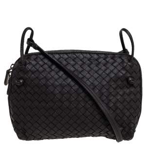 Pre Owned Bottega Veneta Dark Brown Intrecciato Leather Nodini Crossbody Bag
