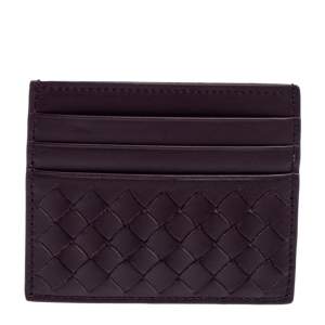 Pre Owned Bottega Veneta Burgundy Intrecciato Leather Card Holder