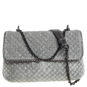 Pre Owned Bottega Veneta Grey Embroidered Velvet and Ayer Baby Olimpia Shoulder Bag