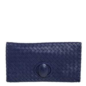 Pre Owned Bottega Veneta Dark Purple Intrecciato Leather Twist Lock Clutch