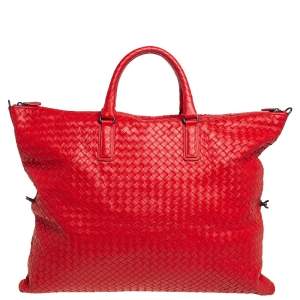 Pre Owned Bottega Veneta Crimson Red Intrecciato Nappa Leather Maxi Convertible Tote
