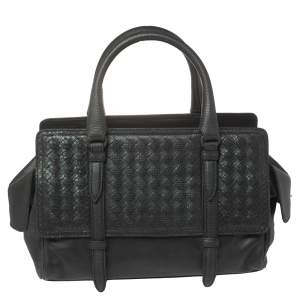 Pre Owned Bottega Veneta Black Intrecciato Snake Skin and Leather Monaco Satchel