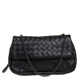 Pre Owned Bottega Veneta Black Intrecciato Leather Mini Flap Chain Crossbody Bag