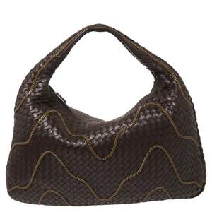 Pre Owned Bottega Veneta Plum Intrecciato Leather Large Chain Embellished Veneta