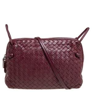 Pre Owned Bottega Veneta Burgundy Intrecciato Leather Nodini Crossbody Bag