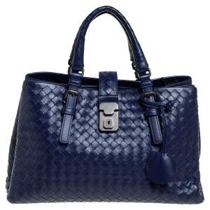 Pre Owned Bottega Veneta Blue Intrecciato Leather Small Roma Tote