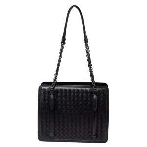 Pre Owned Bottega Veneta Black Intrecciato Leather Chain Shoulder Bag