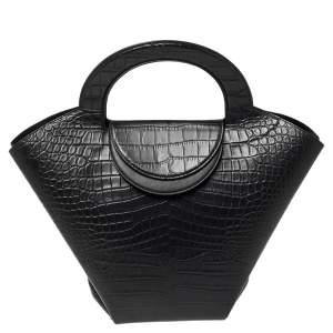 Pre Owned Bottega Veneta Black Crocodile Embossed Leather Doll Tote