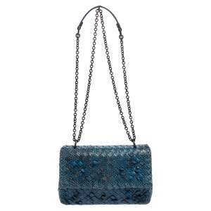 Pre Owned Bottega Veneta Blue Snakeskin Leather Olimpia Shoulder Bag